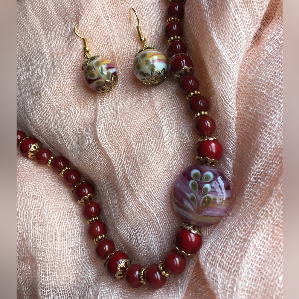 60's red glass necklace with groovy striped art glass beads & matching earrings
